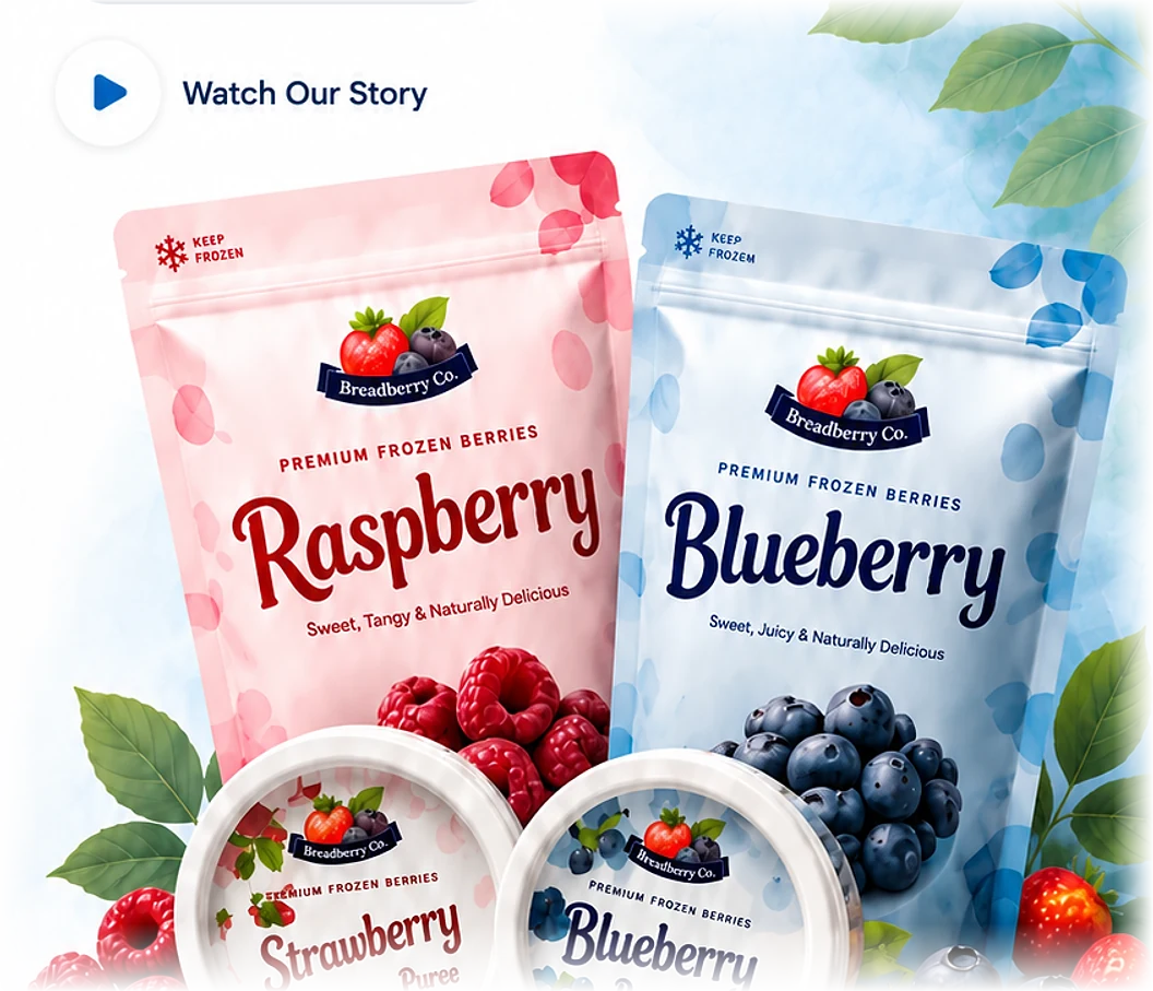 Breadberry Co. frozen berry pouches and fruit puree tubs